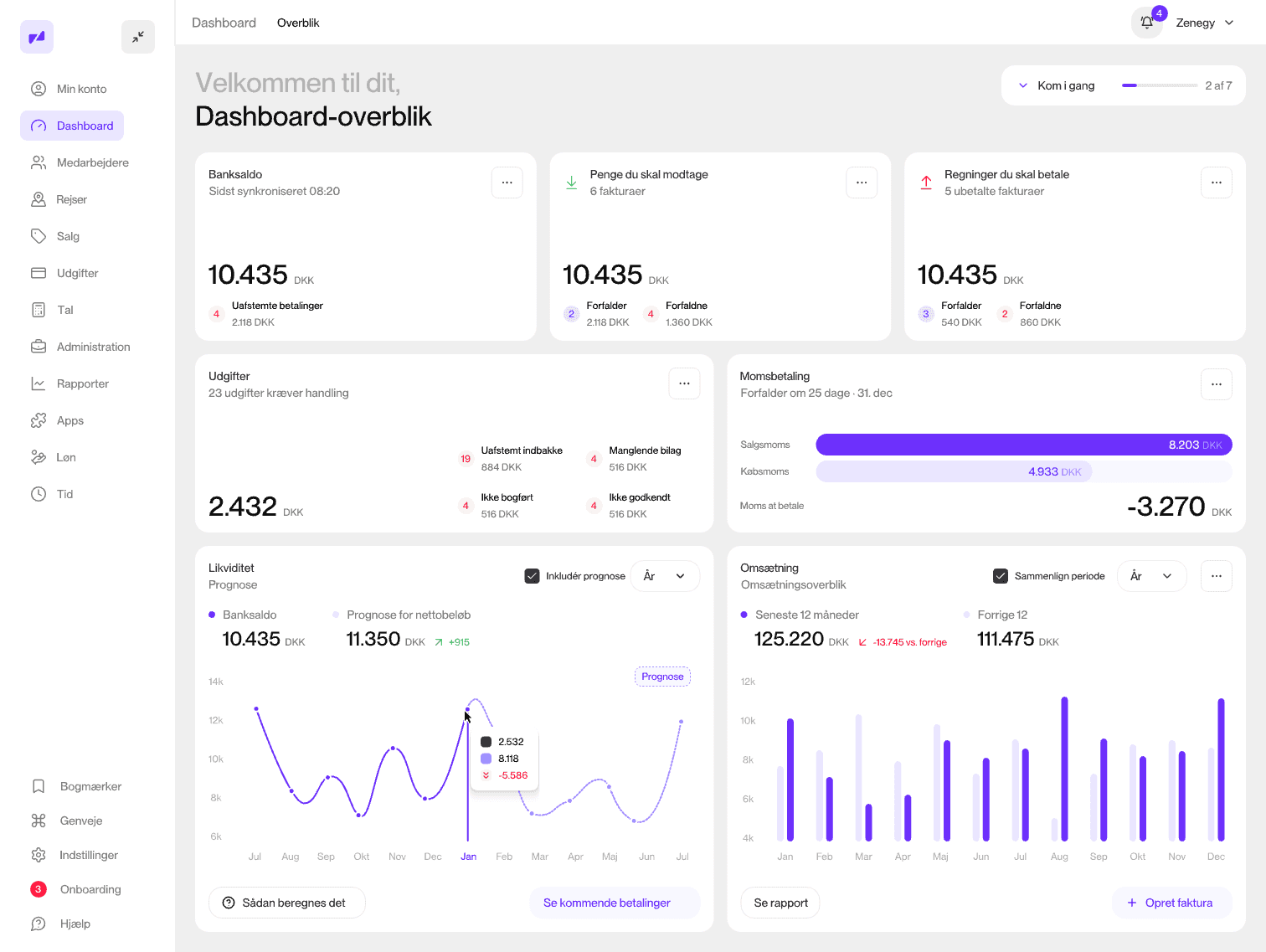 The dashboard in Zenegy Numbers with the bank balance, money to receive and bills to pay