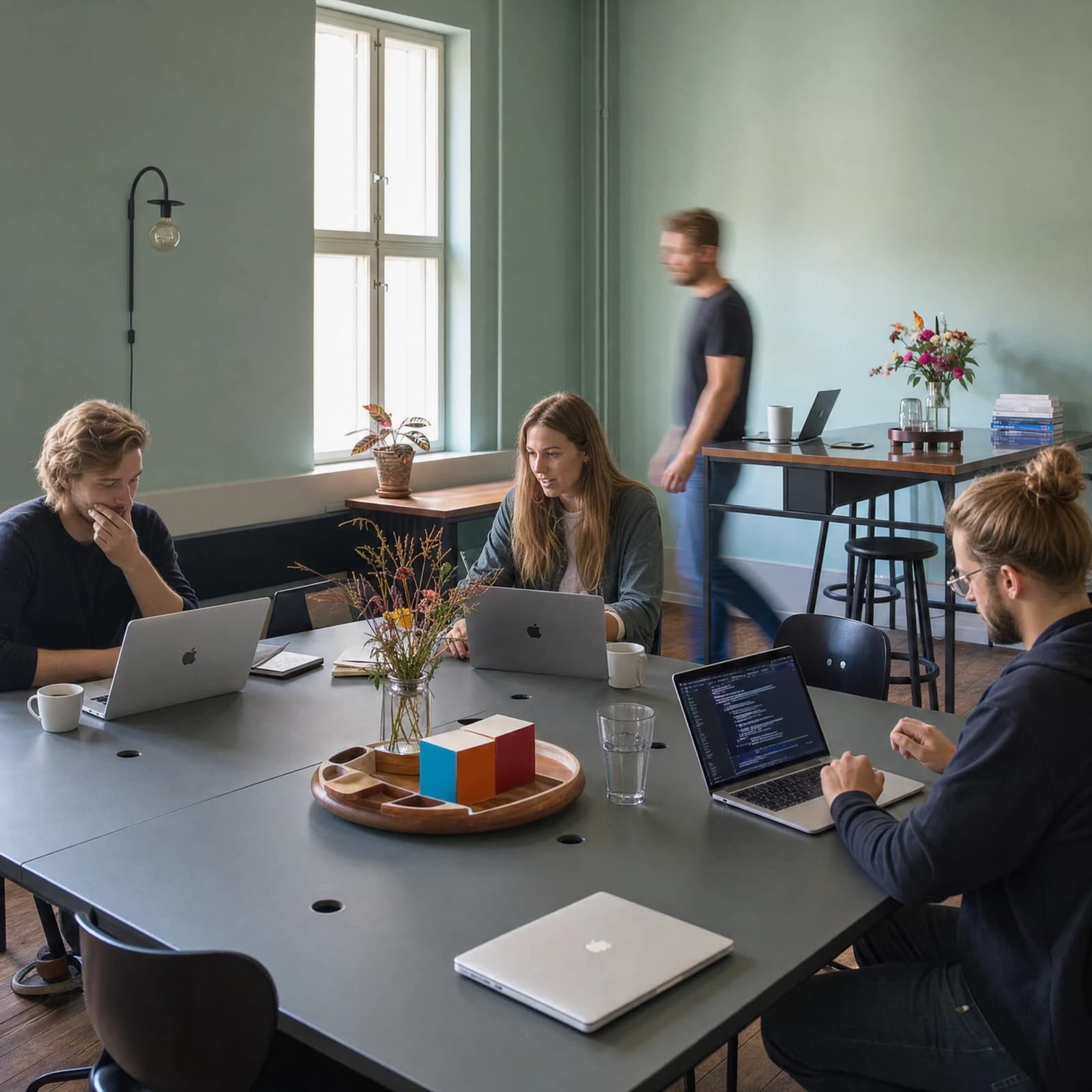 Three colleagues work at a long table with laptops while a fourth walks past