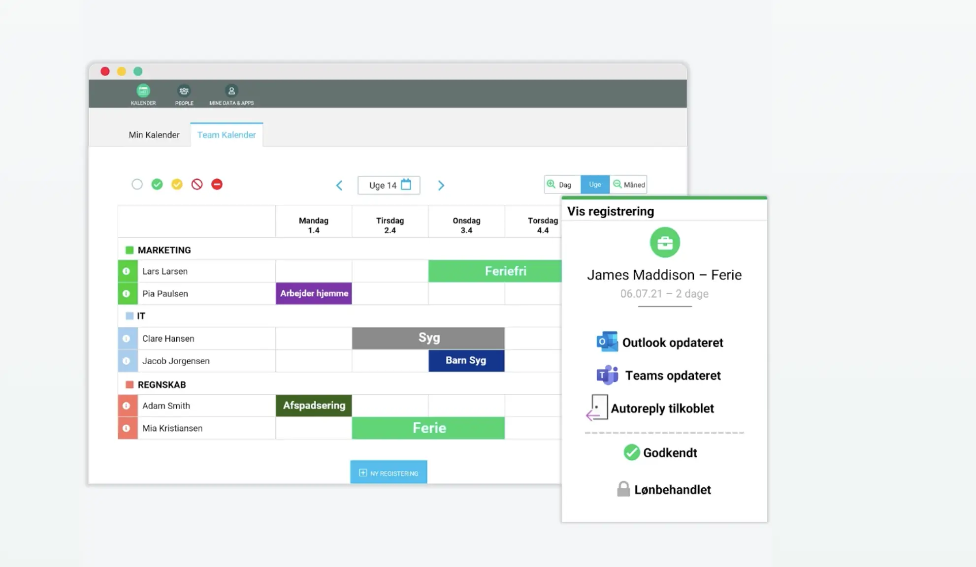 BitaBIZ's absence calendar with an approved holiday passed on to payroll