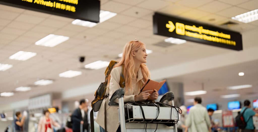 Kvinde på vej på ferie i en lufthavn.