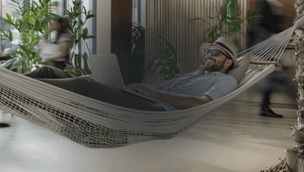 Mand ligger i hængekøje fordi der er styr på al ferieplanlægning i hans forretning.