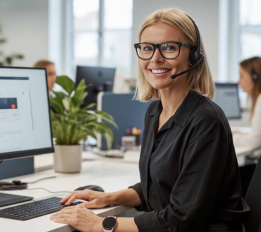 Support-afdeling-zenegy-min Kvinde i supportafdeling foran arbejdscomputer